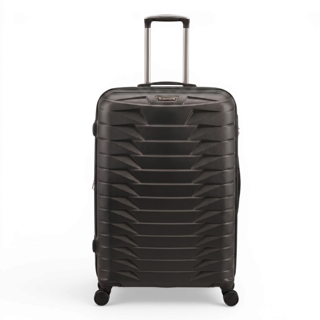 Black hard-shell travel suitcase with 4 spinner wheels and telescopic handle, ideal for luggage and travel