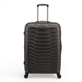 Black hard-shell travel suitcase with 4 spinner wheels and telescopic handle, ideal for luggage and travel