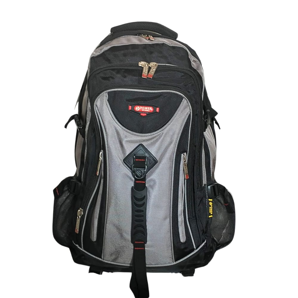 Black and gray Power backpack with multiple zippers and side pockets, ideal for travel or school