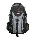 Black and gray Power backpack with multiple zippers and side pockets, ideal for travel or school