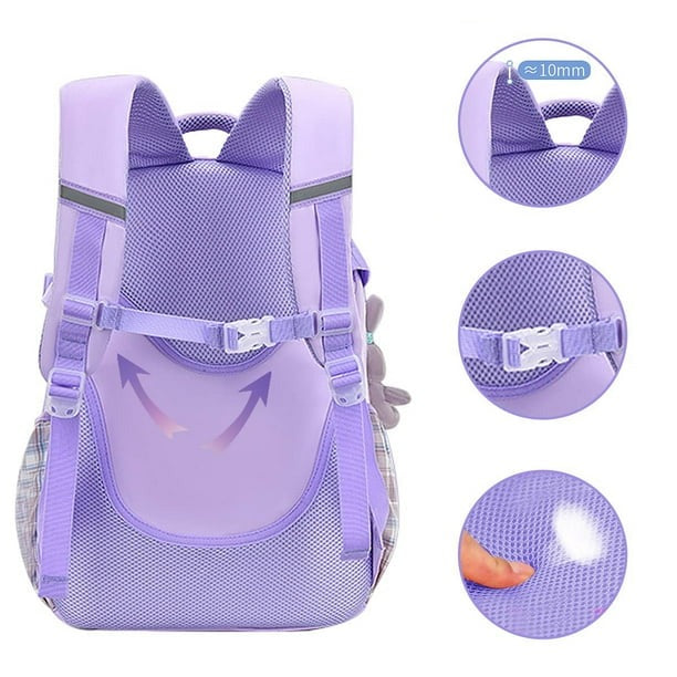Purple kids school backpack with padded straps, mesh back, and adjustable buckles for comfort