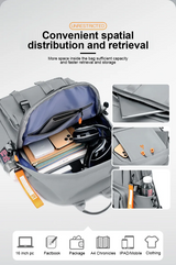 Gray travel backpack with spacious compartments for laptop, books, and essentials, ideal for students and travelers.