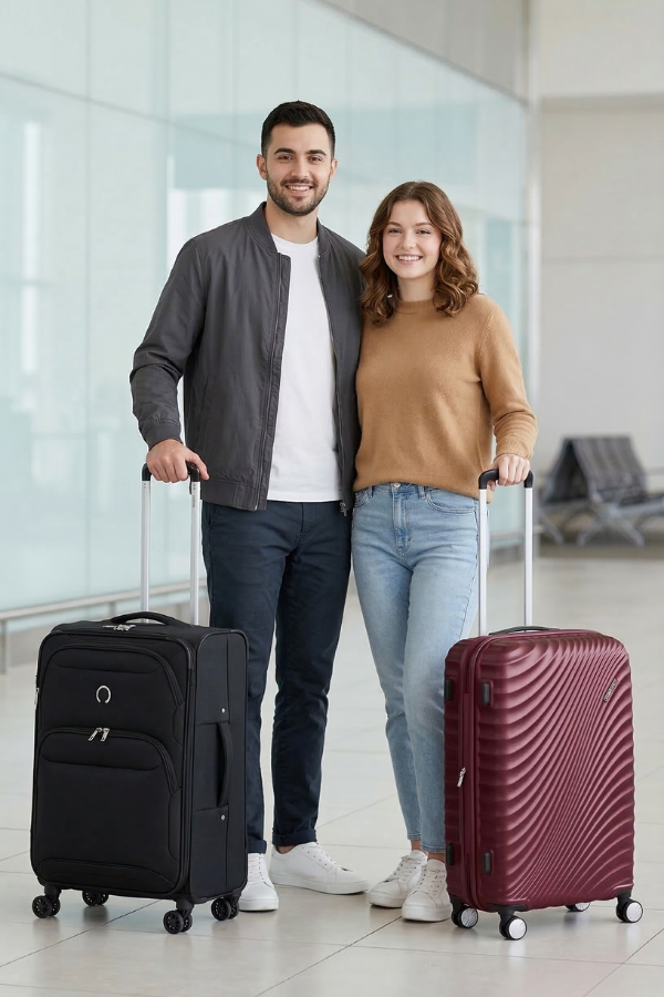 Man and woman with luggage in an airport terminal