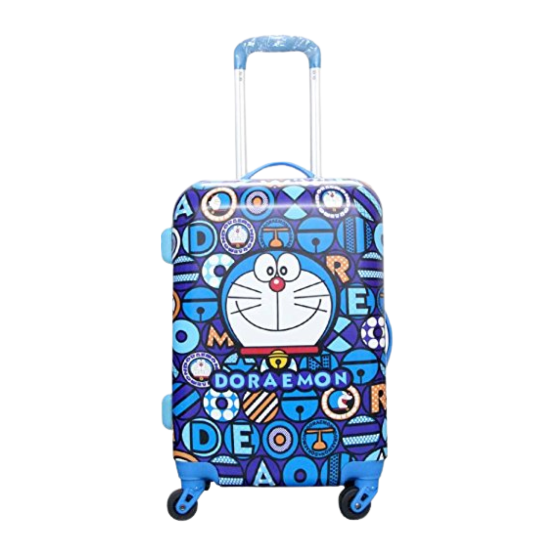 Doraemon kids travel luggage with blue wheels and handle, perfect for students and young travelers
