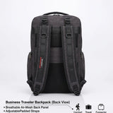 Business traveler backpack back view with breathable air-mesh panel and adjustable padded straps for comfort and travel