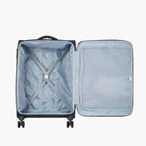 An open hard-shell suitcase shown from above, revealing a light blue-gray interior with a mesh door panel, zip pocket, and X-shaped compression strap, on a plain light gray background.