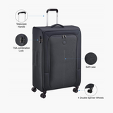 A dark gray hard-shell suitcase with a telescopic handle and four double spinner wheels, shown on a light gray background with callout circles labeling features such as the telescopic handle, TSA combination lock, soft case, and 4 double spinner wheels.
