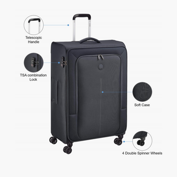 A dark gray hard-shell suitcase with a telescopic handle and four double spinner wheels, shown on a light gray background with callout circles labeling features such as the telescopic handle, TSA combination lock, soft case, and 4 double spinner wheels.