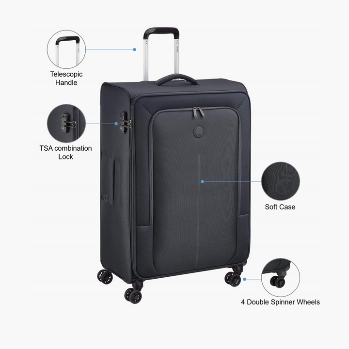 A dark gray hard-shell suitcase with a telescopic handle and four double spinner wheels, shown on a light gray background with callout circles labeling features such as the telescopic handle, TSA combination lock, soft case, and 4 double spinner wheels.