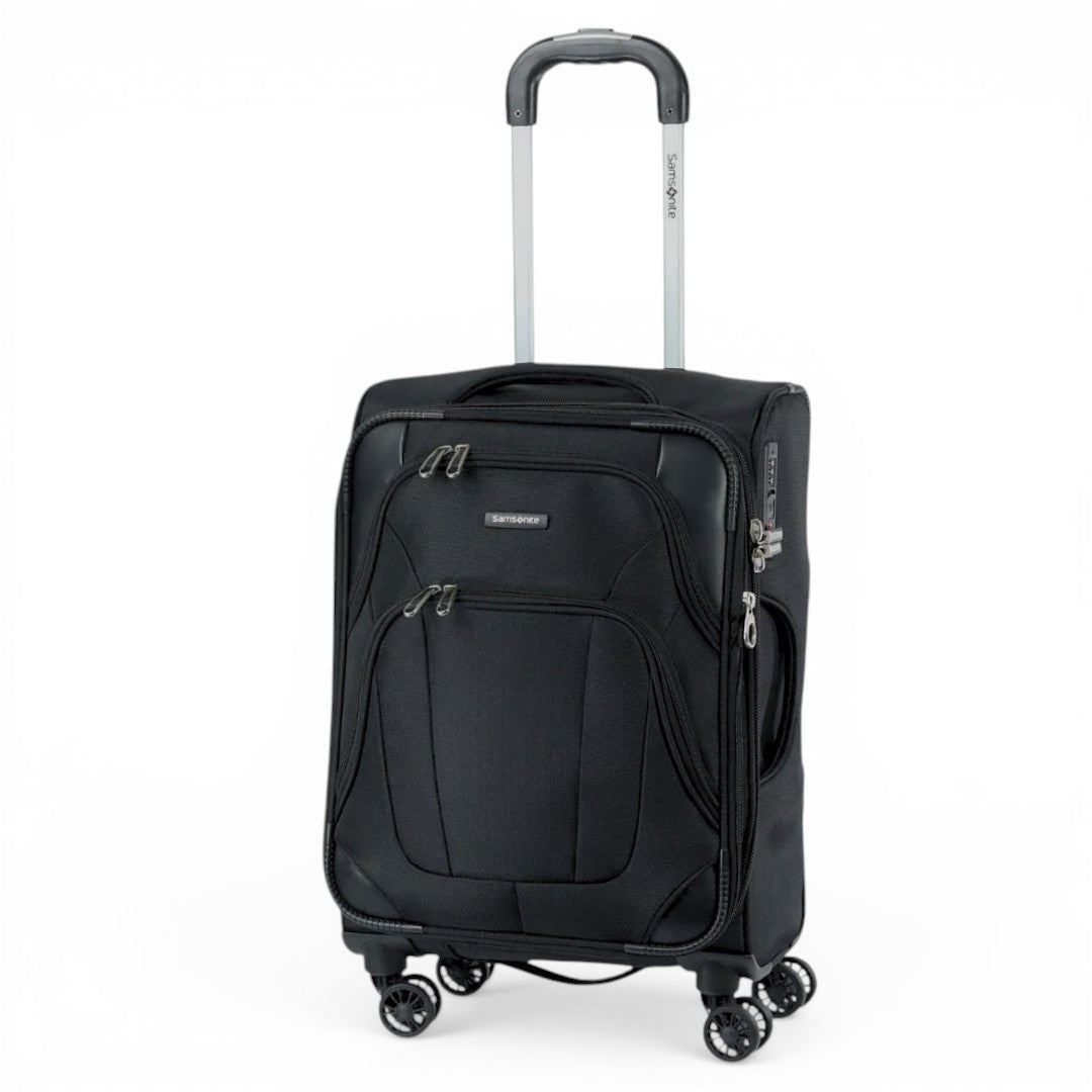 Black Samsonite carry-on luggage with spinner wheels and front pockets for travel