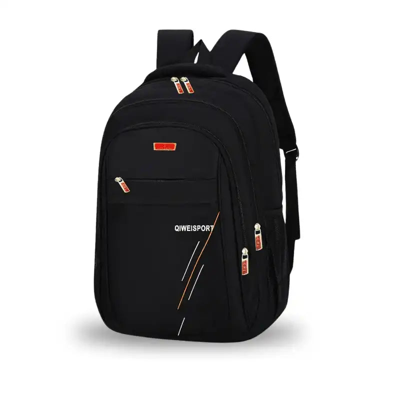 Black QIWEISPORT backpack with orange zippers, ideal for students and travel, featuring multiple pockets and durable design.