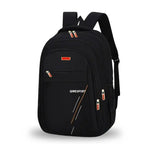 Black QIWEISPORT backpack with orange zippers, ideal for students and travel, featuring multiple pockets and durable design.