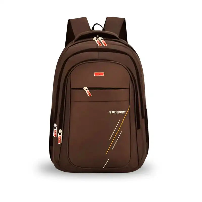 Brown QIWEISPORT backpack with multiple zippers, ideal for students and travel, featuring laptop compartment