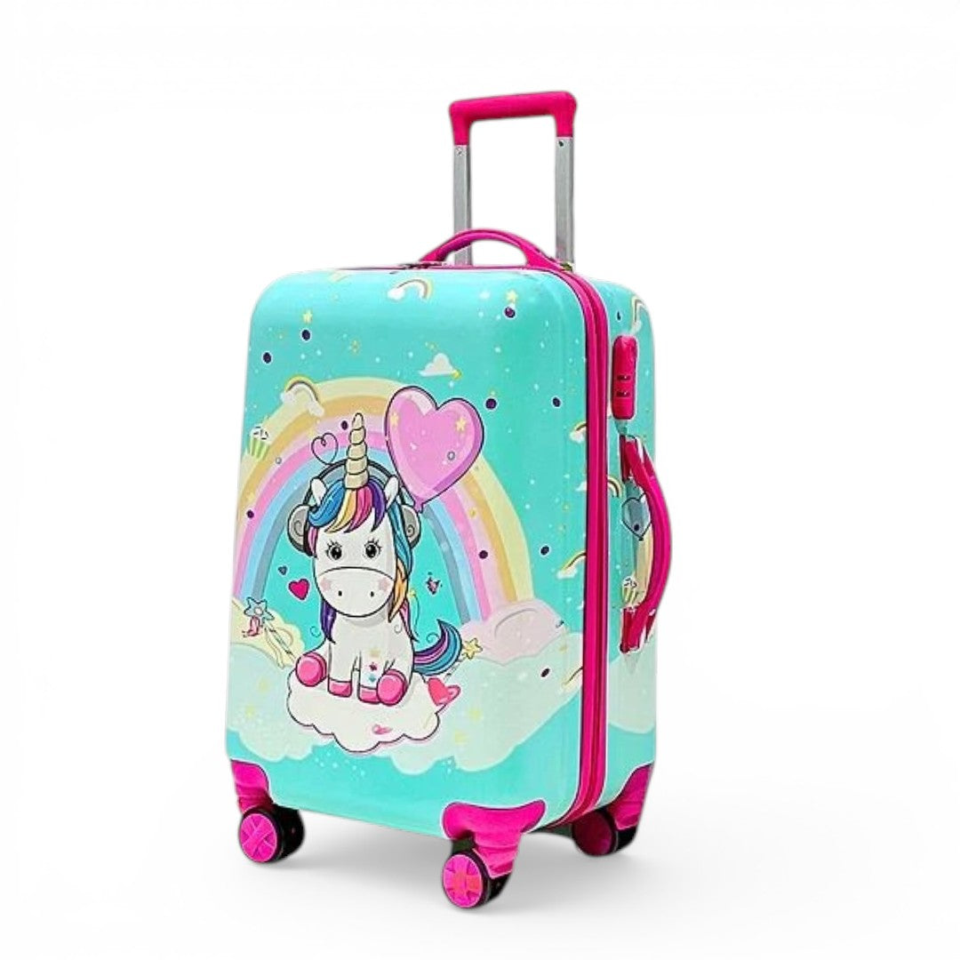 Kids unicorn luggage with rainbow design, pink handles, and wheels for travel
