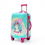 Kids unicorn luggage with rainbow design, pink handles, and wheels for travel