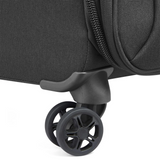 Black travel luggage with durable spinner wheels and zipper detail