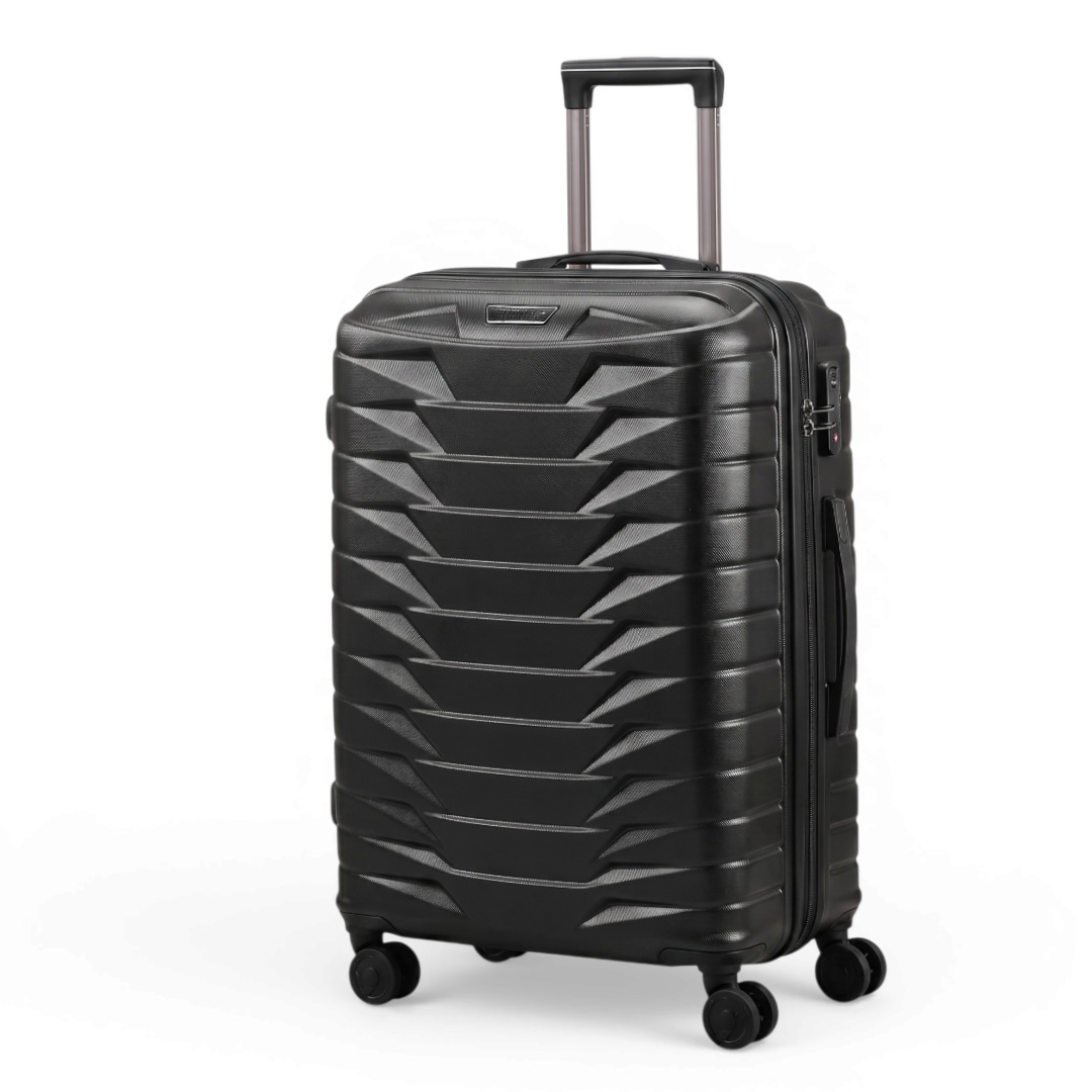 Black hardshell travel suitcase with 4 spinner wheels and telescopic handle, ideal for luggage and travel