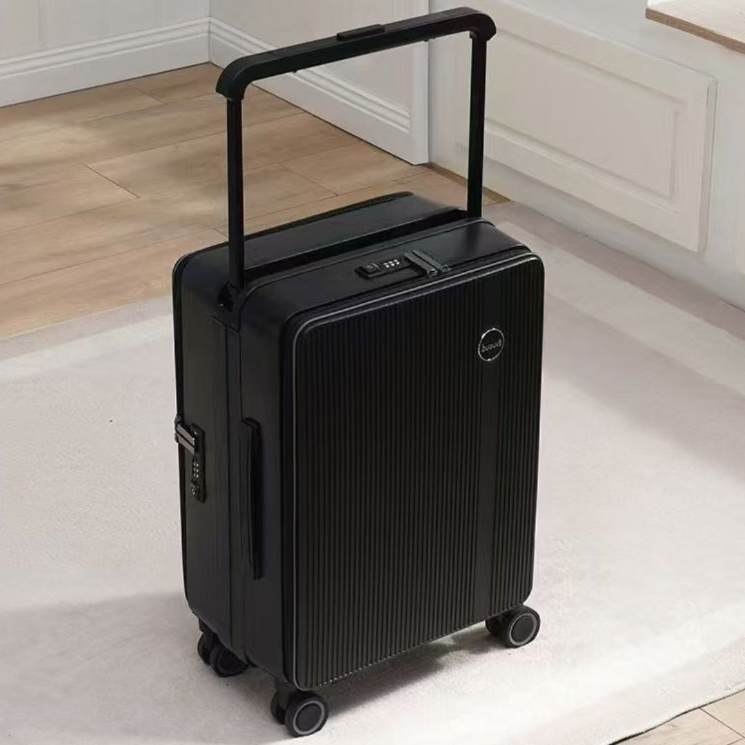 Black hardshell travel suitcase with spinner wheels and telescopic handle, ideal for luggage and travel
