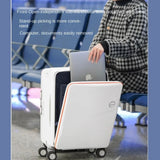 White front-open travel suitcase with laptop compartment, ideal for students and business travelers