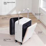 White travel suitcase with side and front openings, light tone wheels, and mid-mounted tie rod