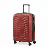 Red hardshell travel suitcase with 4 spinner wheels and telescopic handle, ideal for luggage and travel