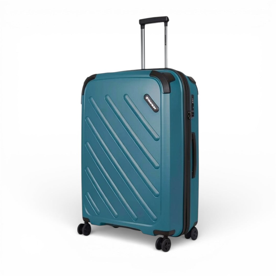Teal hardshell travel suitcase with diagonal ribbed design, extendable handle, and 4 spinner wheels