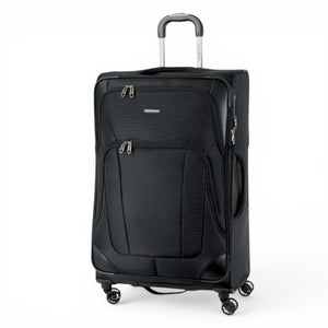 Black Samsonite rolling suitcase with 4 wheels and front pockets, ideal for travel luggage