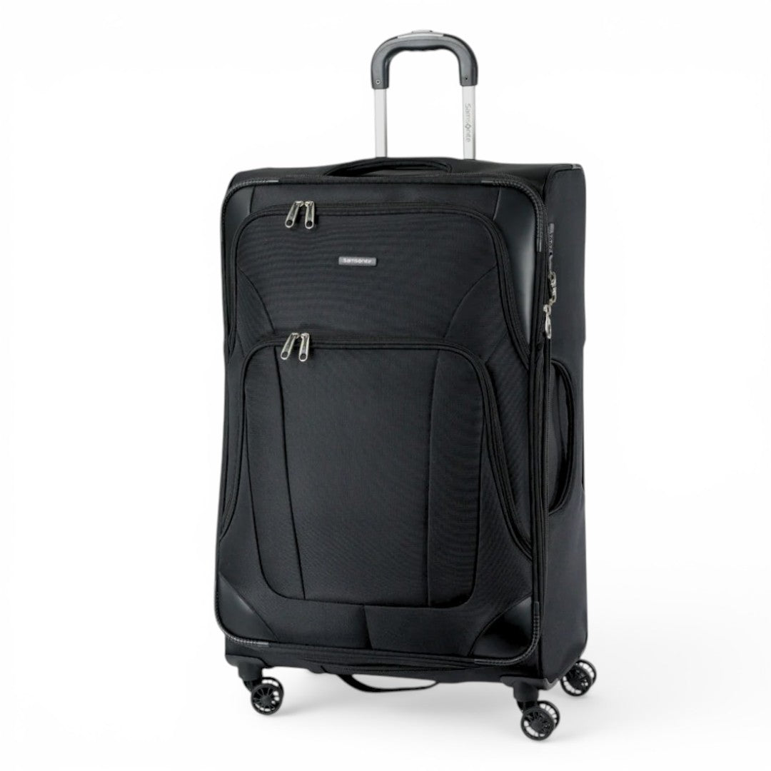 Black Samsonite rolling suitcase with 4 wheels and front pockets for travel luggage