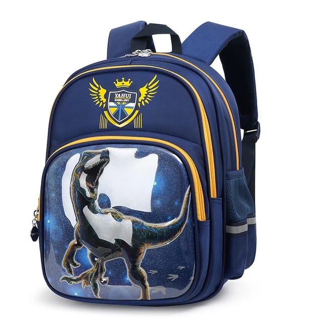 Blue dinosaur print school backpack with yellow trim, ideal for students and travel