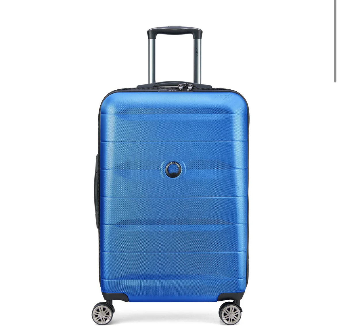 Blue hard-shell travel suitcase with 4 spinner wheels and telescopic handle
