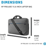 HP Prelude 15.6-inch laptop bag with dimensions, gray fabric, blue accent, adjustable strap