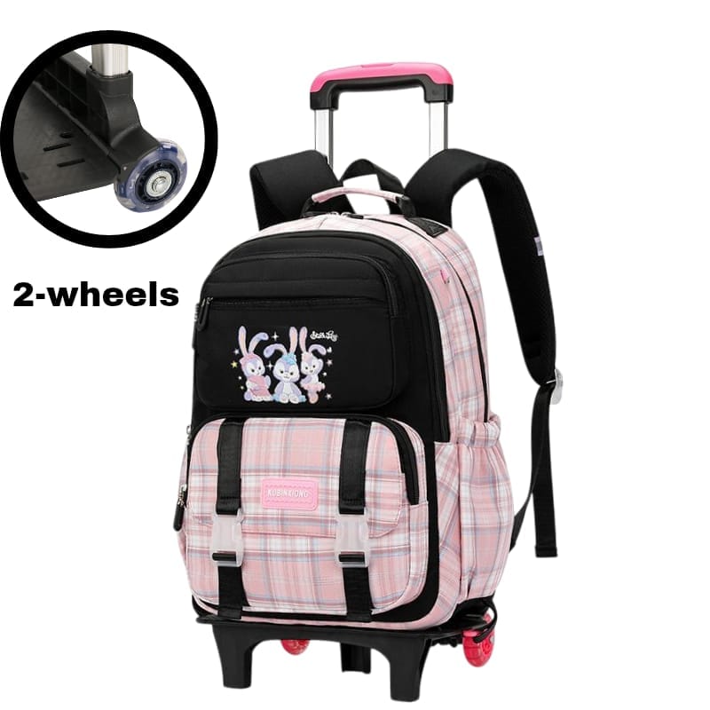 Pink plaid rolling backpack with 2 wheels, bunny design, ideal for students and travel