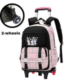 Pink plaid rolling backpack with 2 wheels, bunny design, ideal for students and travel
