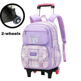 Purple plaid kids rolling backpack with 2 wheels, cartoon bunnies, and pink handle for school travel