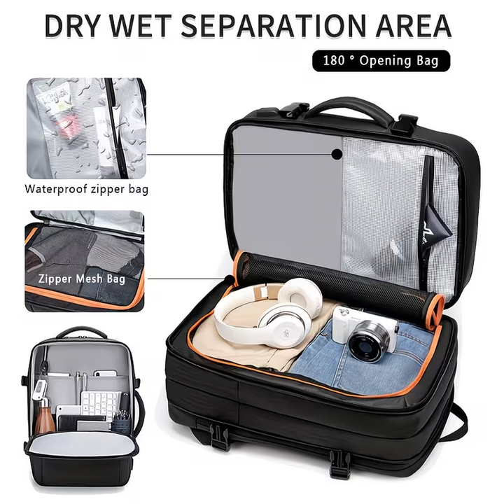 Black travel backpack with dry wet separation, waterproof zipper, and 180° opening for laptop & gear storage