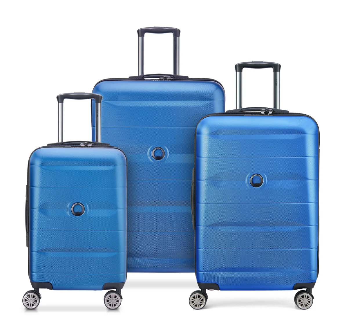 Blue hard-shell travel luggage set with spinner wheels, ideal for students and travelers