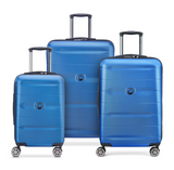 Blue hard-shell travel luggage set with spinner wheels, ideal for students and travelers