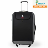 Black Polo travel luggage with spinner wheels and extendable handle, ideal for students and travelers