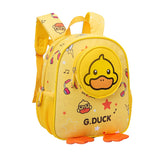 Yellow G.Duck kids backpack with duck face, stars, music notes, and orange feet for school or travel