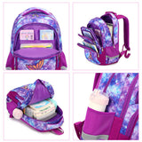 Purple galaxy print student backpack with multiple pockets, books, and water bottle holder