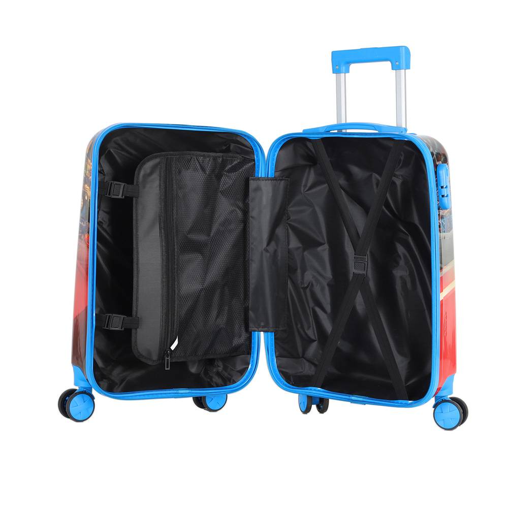 Blue kids travel suitcase with wheels, open to show interior pockets and straps