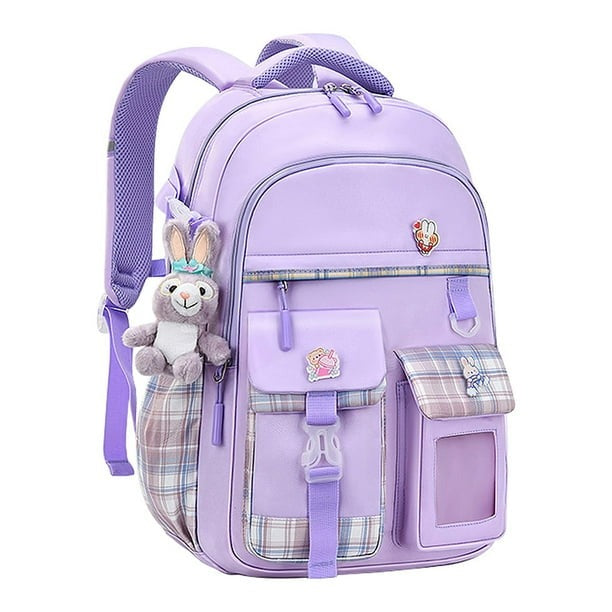 Purple student backpack with plaid pockets, bunny charm, and cute patches for school or travel