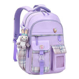 Purple student backpack with plaid pockets, bunny charm, and cute patches for school or travel