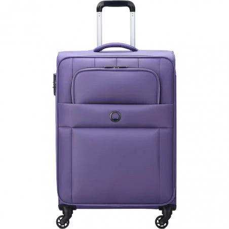 Purple travel luggage with spinner wheels and front pocket for easy mobility