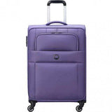 Purple travel luggage with spinner wheels and front pocket for easy mobility