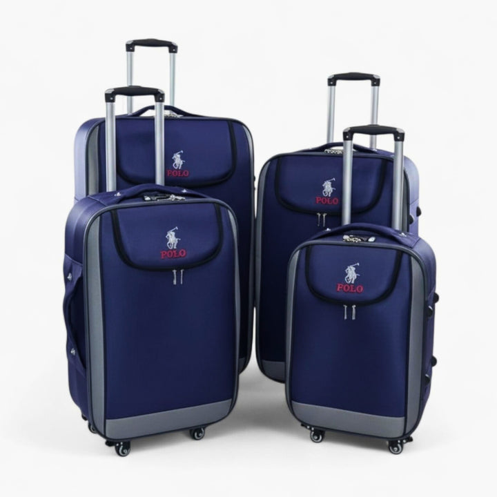 Set of blue suitcases with Polo Ralph Lauren logo on a white background