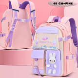 Pink 40cm kids backpack with bunny design and purple straps, ideal for school or travel