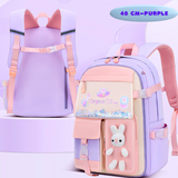 Purple 40cm kids school backpack with bunny charm, pink straps, and glitter pocket for students