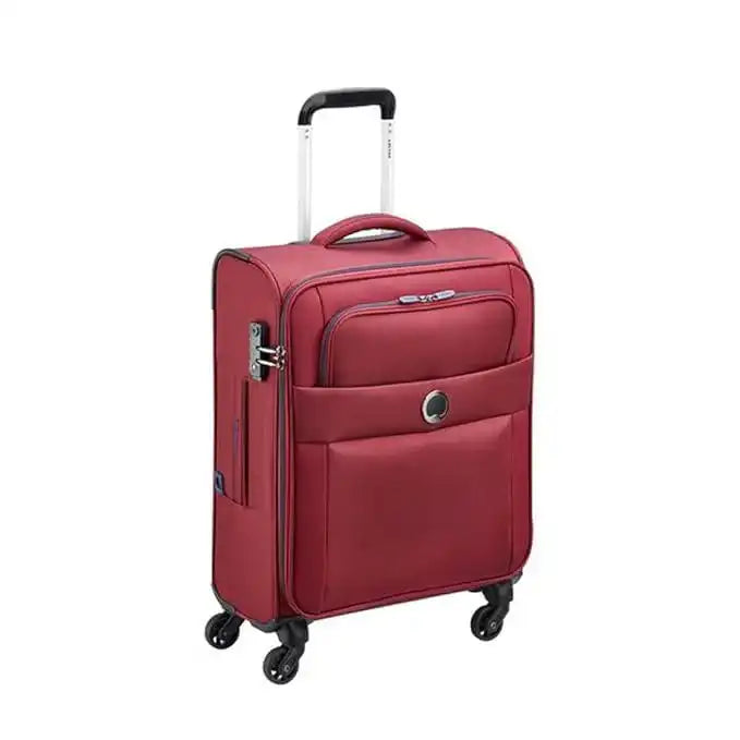Red softside carry-on luggage with spinner wheels and telescopic handle for travel