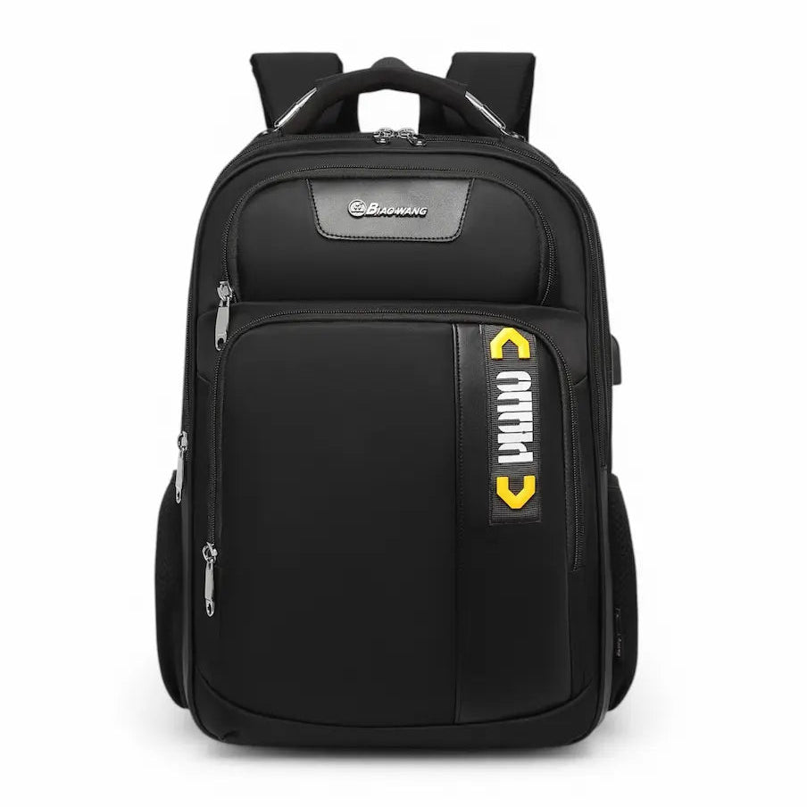 Black backpack with a visible brand logo on a white background